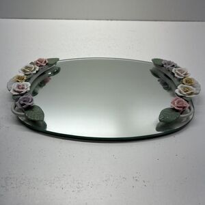 Vintage Mirror Vanity Dresser Tray Oval Porcelain Pink Rose Flowers 14x8.5”